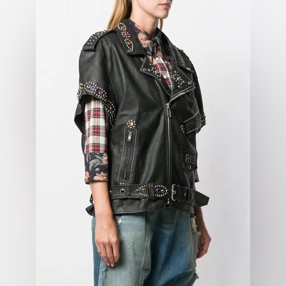 R13 Repurposed Studded Embellished Biker Short Sleeve Leather Jacket RARE - Picture 4 of 15